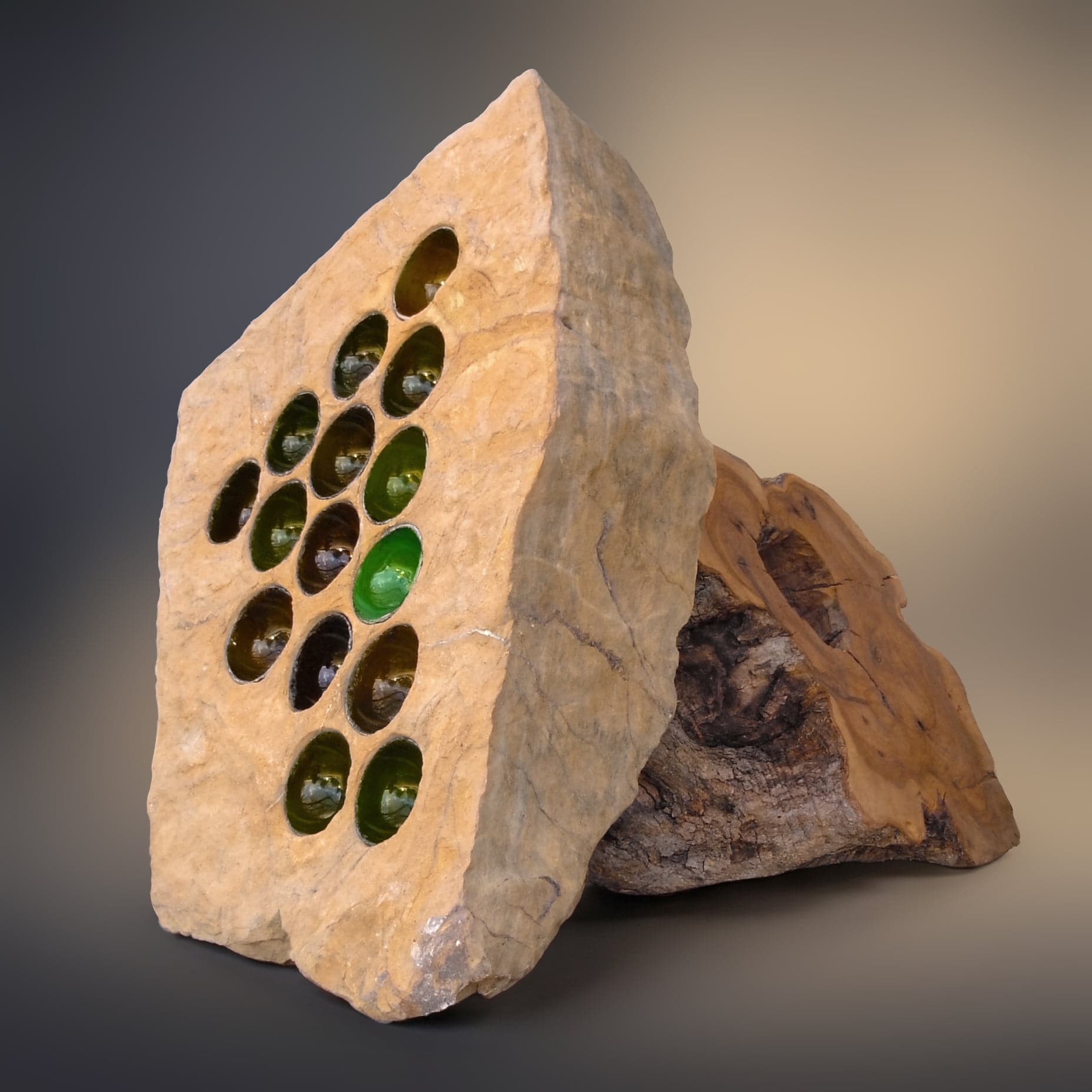 Cluster, Stone, glass, and wood, W 60 × H 60 × D 50 cm