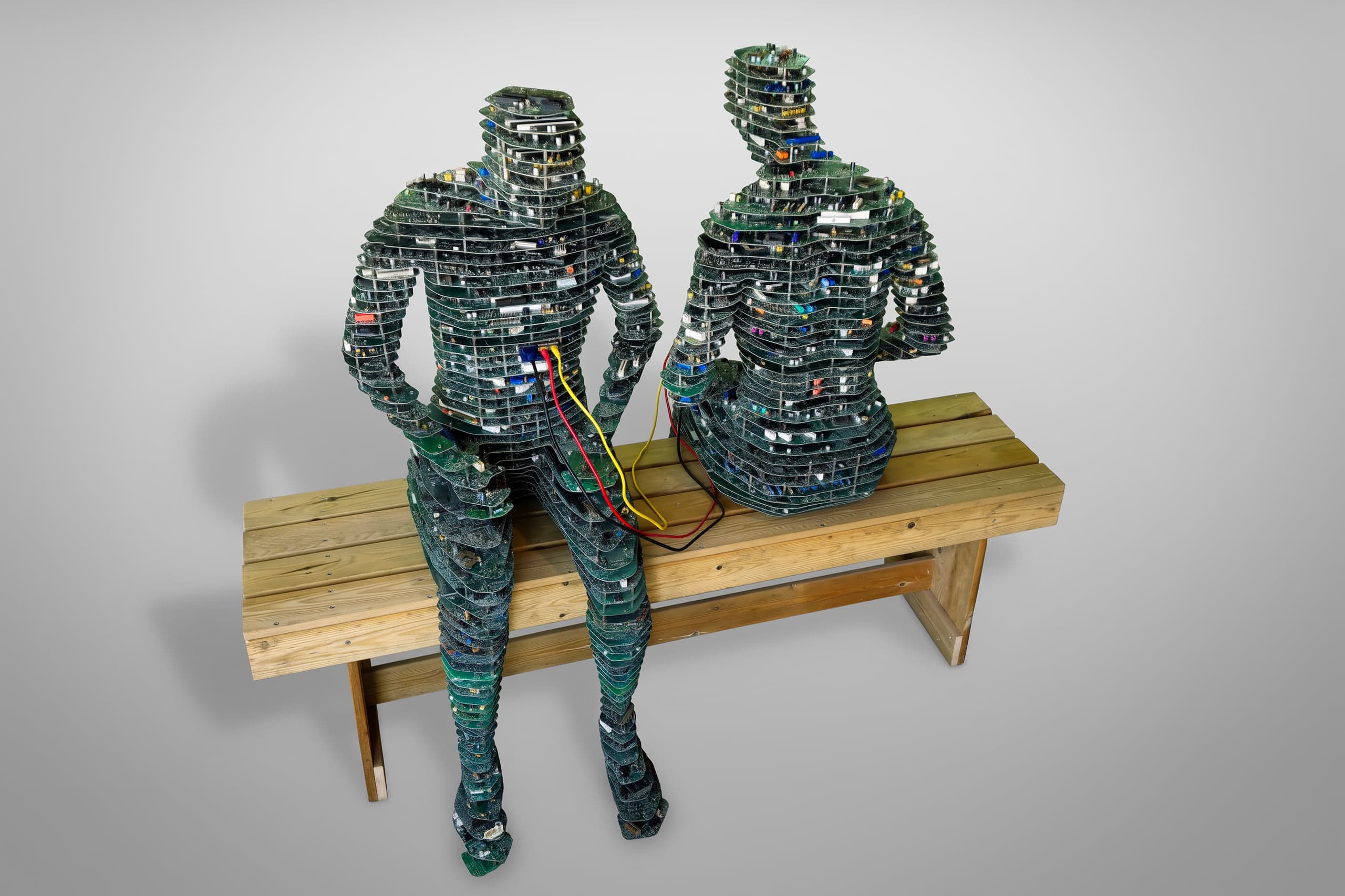 Connected.com, Recycled computer circuits, computer cables, and wooden bench, W 160 × H 134 × D 86 cm
