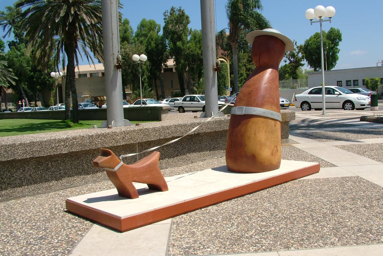 Man and his dog, Wood, aluminum, tiles, and steel, W 93 × H 165 × D 275 cm