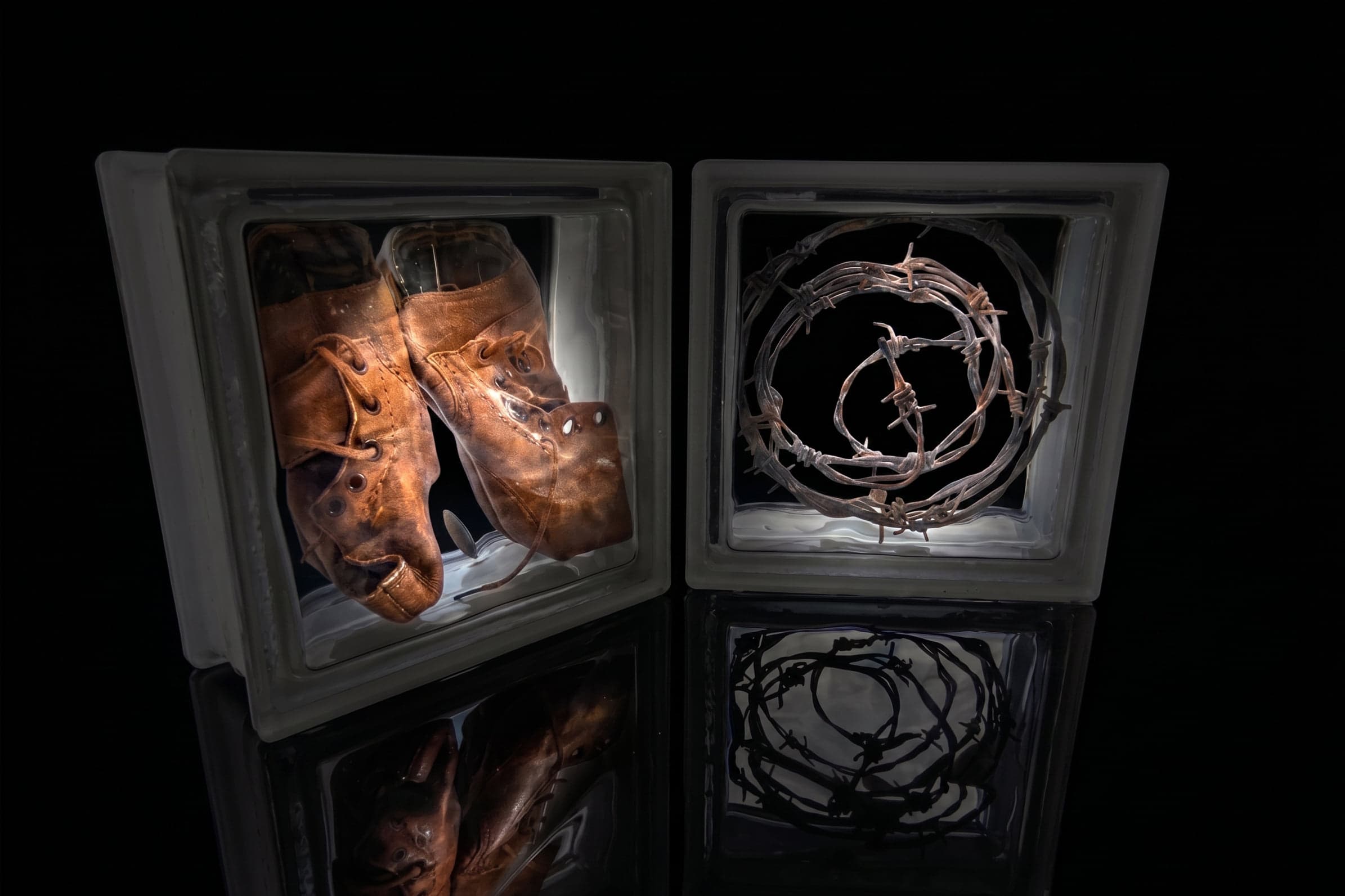 Memorial, Glass bricks, child shoes, and barbed wire, W 10 × H 20 × D 40 cm