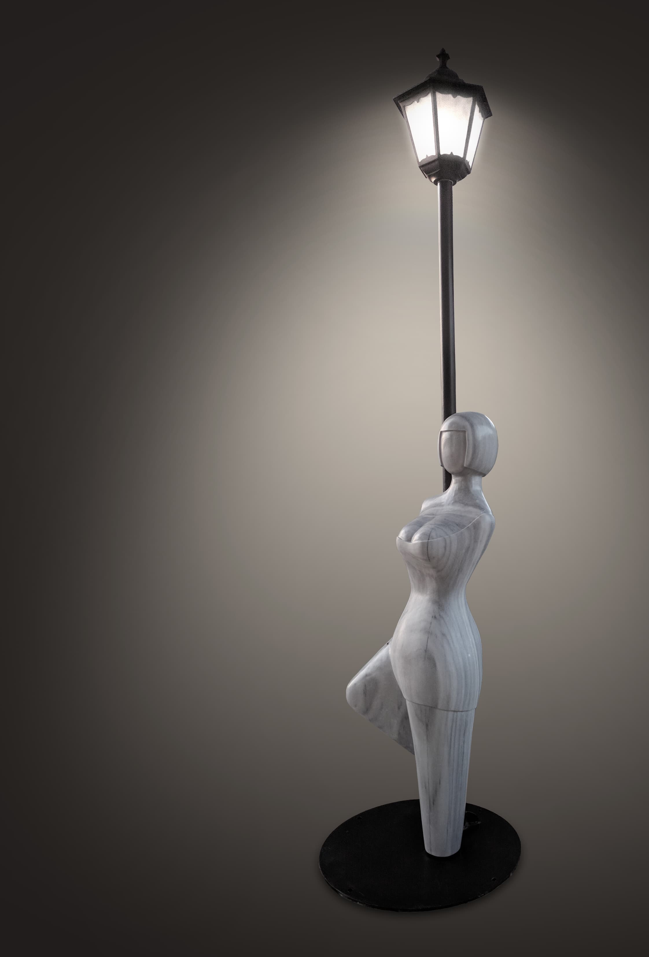 On a street corner, Stuck to a lamp, Marble, steel, and street lamp, W 80 × H 325 × D 80 cm