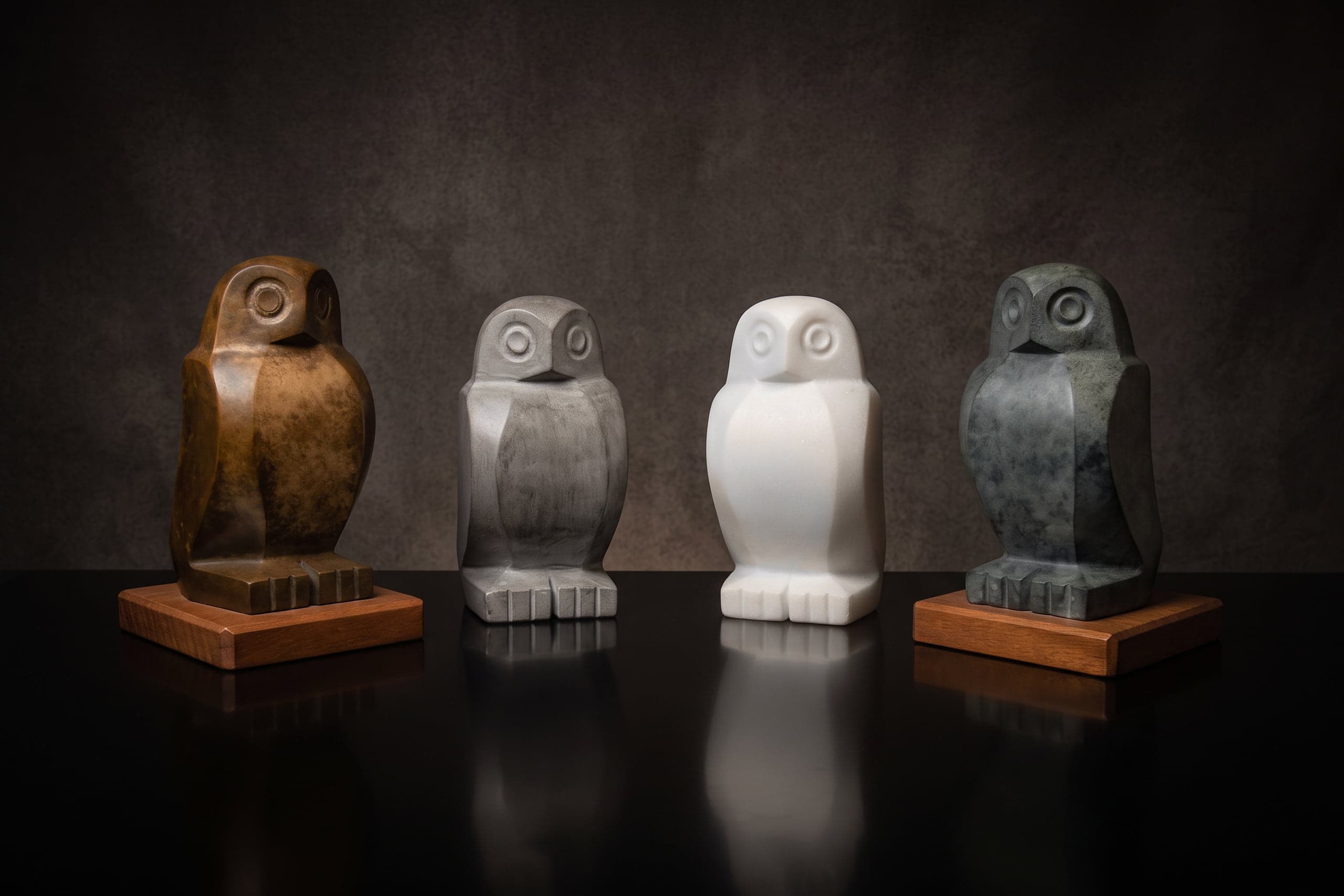 Owls, Stone (marble, bitumen) / bronze, W 9 × H 17 × D 9 cm