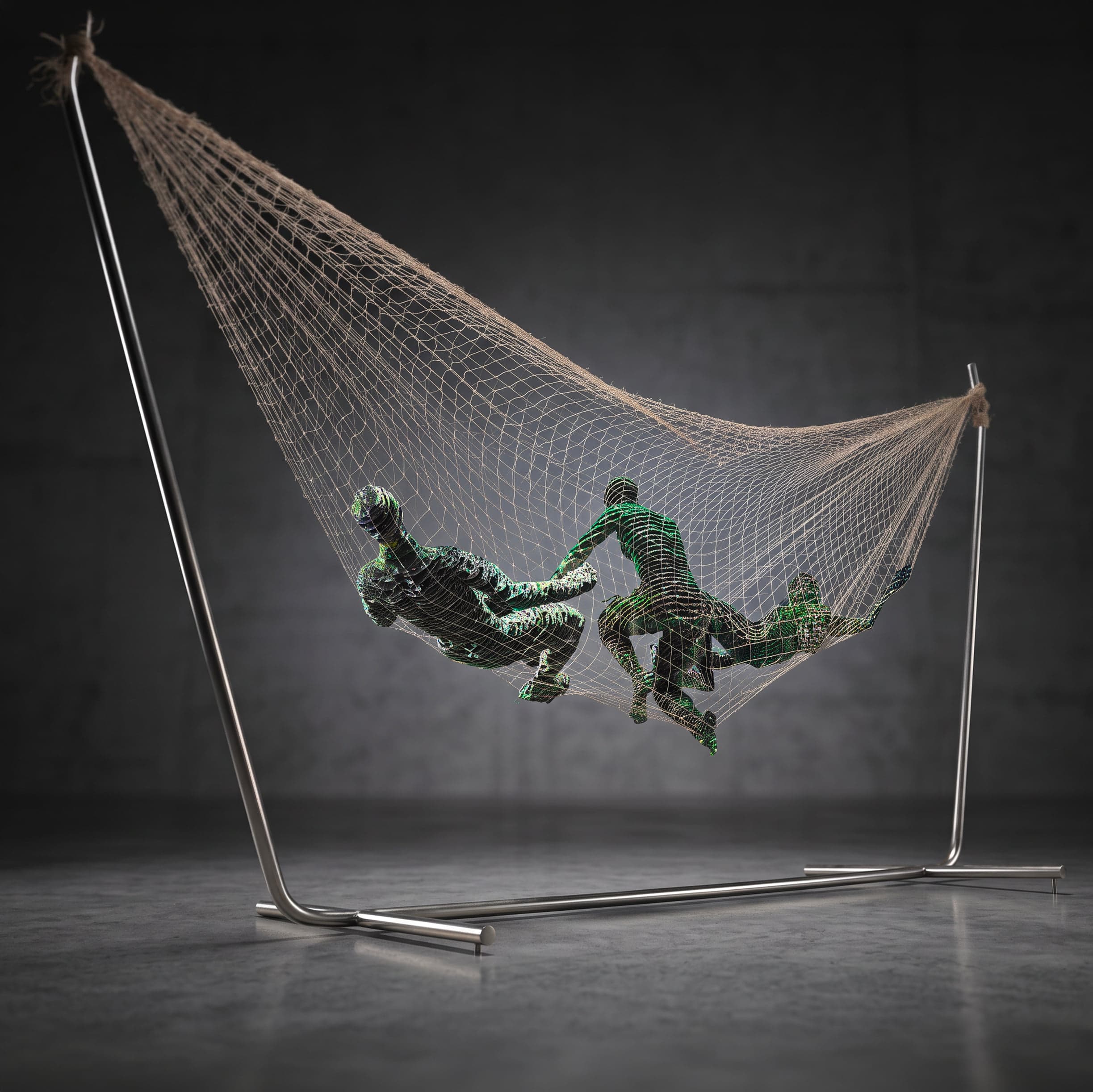 Social Network, Recycled computer circuits, braided net, and stainless steel, W 400 × H 212 × D 110 cm