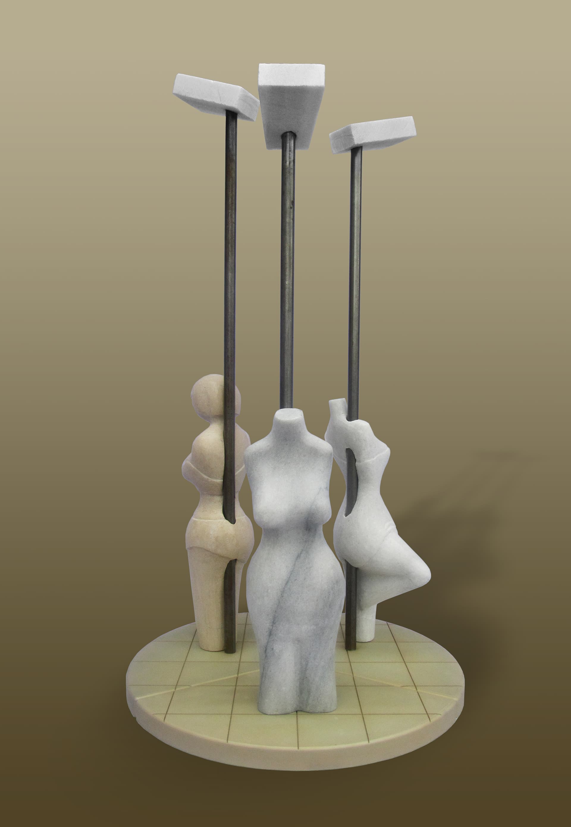 Stuck to a lamp, Stone, aluminum, and steel, W 36 × H 66 × D 36 cm