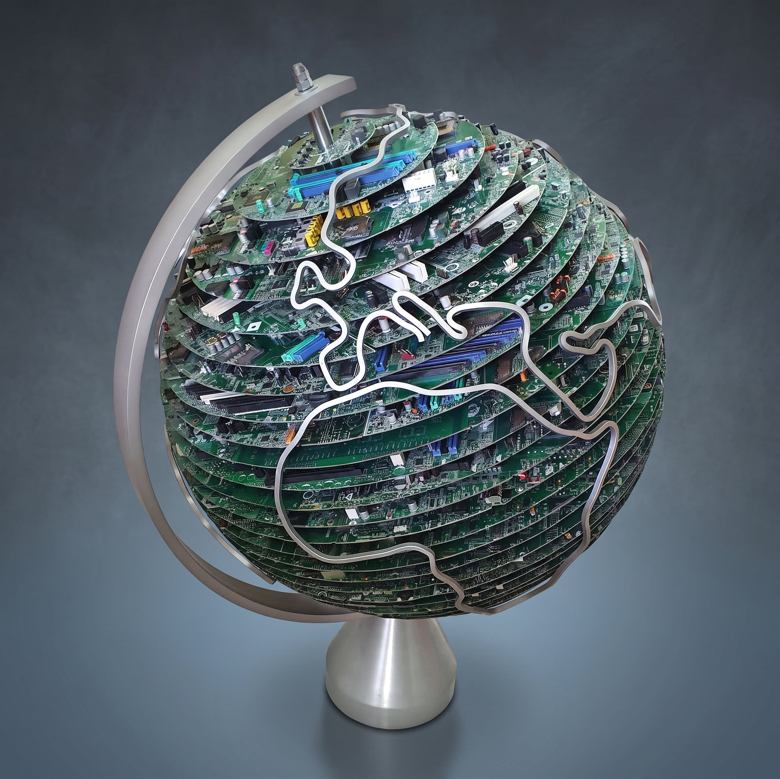 World Globe, Recycled computer circuits, aluminum, and stainless steel, W 60 × H 88 × D 65 cm